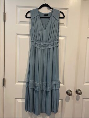 Tahari Sleeveless Pleated Maxi Dress in Dusty Blue